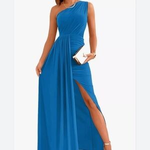 MWT Zessica One Shoulder Long Sleeveless Wrap Ruched High Split Maxi Dress